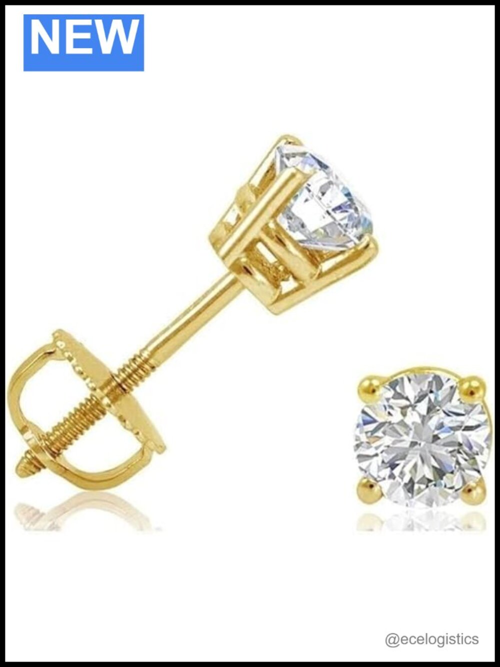 1/2 Ct Round Diamond Stud Earrings 14K Yellow Gold Screw Back Basket Setting